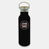 A drink bottle in matte black with a stainless steel lid and a circular branding space.