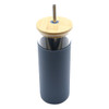 A drink bottle with a dark grey body, bamboo lid, and metal straw. It features a logo on the side.