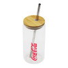 A drink bottle features a clear body, bamboo lid, and metal straw, with a logo on the side.
