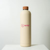 A drink bottle with a beige finish and a brown cap, featuring a logo on its surface.