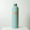A drink bottle in a soft green colour with a sleek design and a logo on the front.