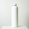 A drink bottle in sleek white, with a cylindrical design and a cap, featuring a subtle logo.