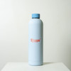 A drink bottle in light blue with a matching lid, featuring a logo in pink.