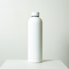 A drink bottle in white with a sleek, minimalist design and a simple logo.