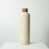 A drink bottle in a soft beige colour with a brown lid, featuring a smooth matte finish and a logo.
