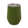 A drink bottle in matte olive green with a clear lid, designed for beverages. It has a logo on the surface.
