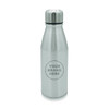 A drink bottle made of stainless steel with a silver finish and a logo on the front.