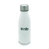 A drink bottle in white with a stainless steel cap and a logo on the front.
