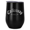 A drink bottle made of black stainless steel with a clear lid and a logo on the front.