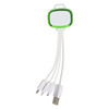 A green and white 4-in-1 charging cable with multiple connectors for various devices and a logo on the handle.