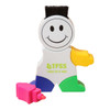 A smiling character-shaped highlighter in multiple colours: yellow, green, blue, and pink. It includes a branding logo.