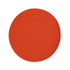 An orange silicon frisbee with a smooth surface, displaying a simple design and a small logo.