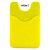 A bright yellow phone wallet with a textured surface and a cut-out design at the top, featuring a logo.