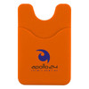 An orange phone wallet with a textured finish and a logo in the centre.