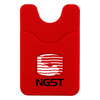 A red phone wallet with a textured surface and a logo printed on the front.