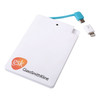 A white power bank with a blue charging cable and a logo. It has a slim rectangular design.