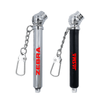 A keychain tyre gauge in silver and black colours, featuring a chain and clip attachment. It includes branding.