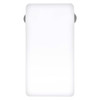 A white portable power bank with grey accents, featuring a logo. Suitable for charging electronic devices.