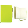 A green recycled notebook with a pen, featuring lined pages and a secure closure. Includes a logo on the cover.