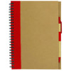 A recycled paper notebook with a brown cover and a red spiral binding, featuring a built-in pen holder.