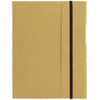 A tan A5 journal book with a black elastic band closure and a simple design, featuring a logo on the front.