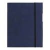 A navy blue Large Tuck A5 Journal Book with an elastic band and side pockets. It has a simple design and branding.