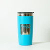 A drink bottle in bright blue with a stainless steel finish and a logo on the front.