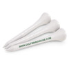 Three white golf tees with a pointed end and a wider base, featuring the text "www.GOLFWAREHOUSE.com" printed in green.