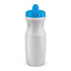 A drink bottle in white with a blue lid and a textured grip, featuring a branded logo.