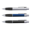 Matrix Metallic Pens in silver, blue, and black, each featuring a plastic body with a textured grip and a metallic clip.