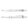 A white plastic pen with silver accents, featuring a clip and a smooth writing tip, plus an additional view of the same pen.