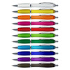 A collection of translucent plastic pens in various colours, featuring silver accents and clips.