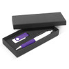 A purple and white pen and a USB drive inside a black gift box. The set is neatly presented for gifting.