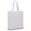 A white tote bag with two sturdy handles and a plain design, featuring a branding logo.