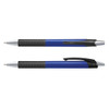 A set of blue pens with black rubber grips and silver accents, featuring a logo on one.