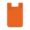 An orange silicone phone wallet with a curved top and a recessed area for cards. It features a branding logo.