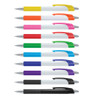 A collection of plastic pens in various colours, featuring white barrels and grip sections, with a logo on each pen.