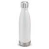 A drink bottle in matte white with a stainless steel base and cap, featuring a logo.