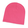 A pink beanie hat is displayed on a white background.