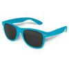A pair of turquoise sunglasses with black lenses, featuring a logo on the frame.
