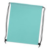 A turquoise drawstring backpack with black cords and a simple design. It features a logo.