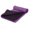 A rolled up cooling towel in purple and black, featuring a mesh design and a brand logo.