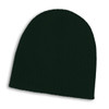 A black cable knit beanie with a ribbed texture and a simple design. It features a logo.