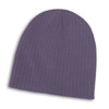 A purple cable knit beanie with a ribbed texture and a rounded top. It features a logo.