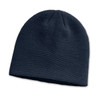 A dark navy knit beanie with a textured pattern, featuring a logo on the side.