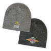A grey knit beanie and a charcoal knit beanie, both with logos embroidered on the front.