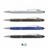 A collection of four stylus pens in silver, brown, blue, and black, featuring a logo on each.