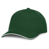 A green cap with a white trim and a branded logo on the front, featuring a curved brim and a structured design.