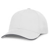 A white cap with a curved brim, featuring a sleek design suitable for various occasions.