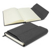 A dark grey notebook with a textured cover, featuring blank pages and an open layout.